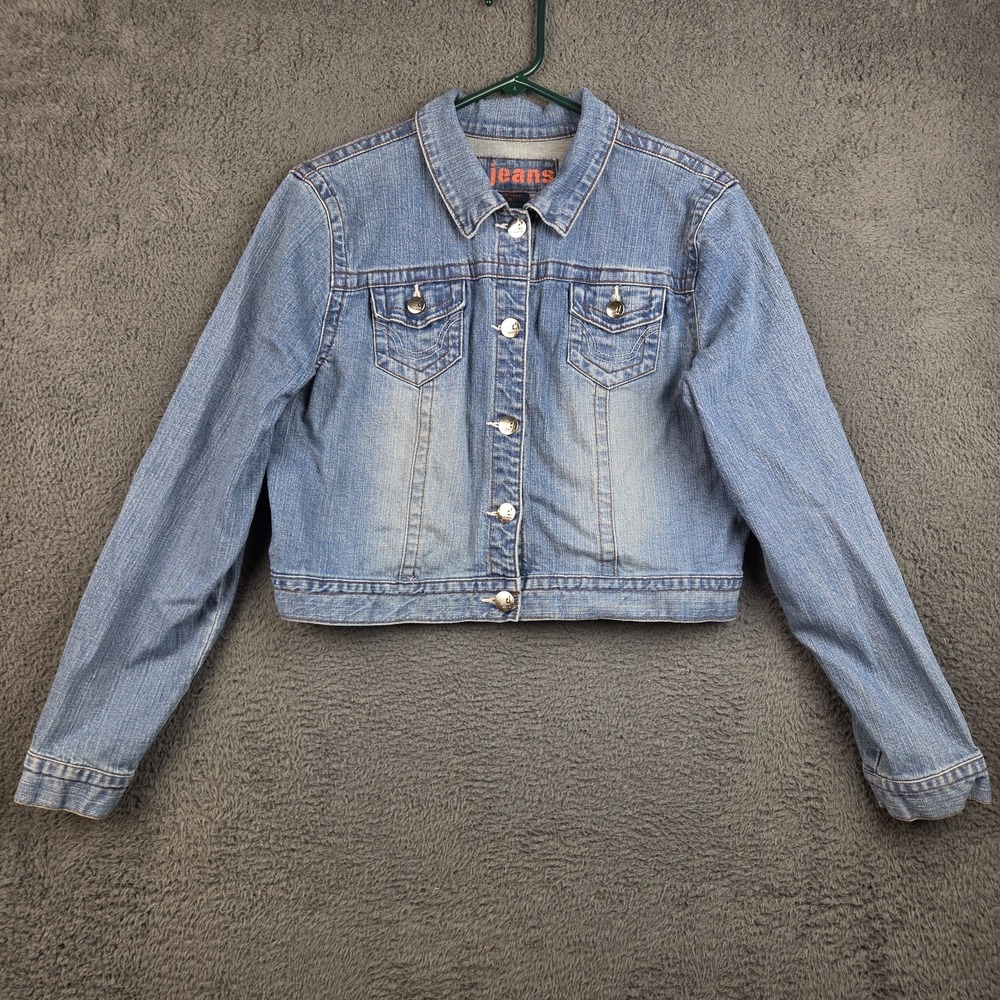 d.jeans Blue Jean Jacket Women's Extra Large Cropped Denim Trucker Back Graphic
